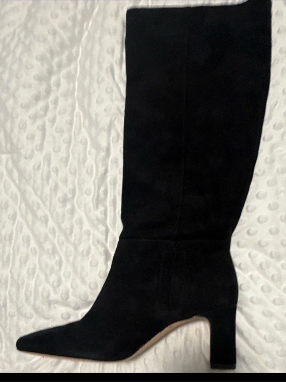 Tall Black Suede Pointed-Toe Block Heel Boot